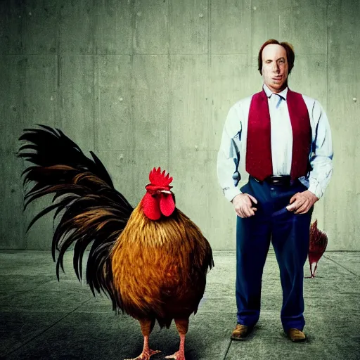 Image similar to saul goodman and a rooster in a saw movie torture chamber, horror movie background, saul goodman, rooster, photo