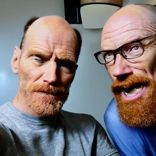 Image similar to A still of Jerma taking a selfie with Bald Bryan Cranston with a goatee in Albuquerque, New Mexico with a yellow filter, real life, hyperrealistic, ultra realistic, realistic, highly detailed, epic, HD quality, 8k resolution, body and headshot, Trending on Artstation, very realistic