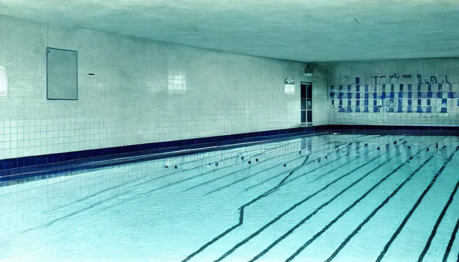 Prompt: 1 9 6 0 s movie still of an empty blue and yellow tiles municipal swimmingpool, security cam footage, liminal space style