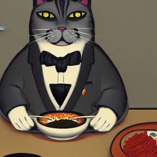 Prompt: Fat, cute grey striped cat in a suit eating ramen, busy restaurant, ukyio-e, painting by Koson Ohara, details, 4K, 8K