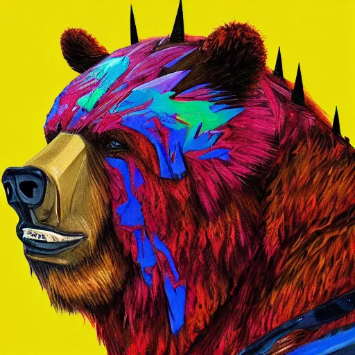 Image similar to a head and shoulder portrait of bear beast-man painted in the colorful and expressive style of Kotwdq, trending on Artstation 8k photorealistic