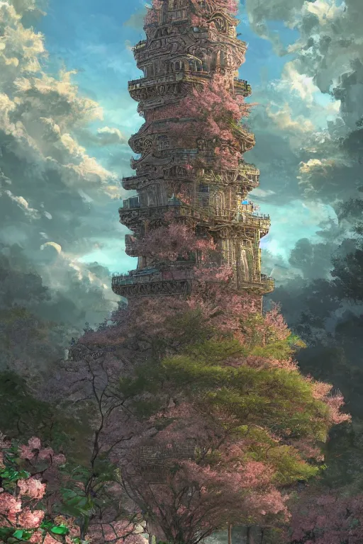 Image similar to hyperdetailed ancient wizard tower with sakura trees, cinematic highly detailed artstation hyperstylized illustrated by moebius and yoshitaka amano