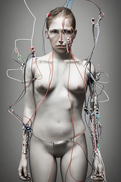 Image similar to Cyborg girl with wires and mechanisms sticking out of her body, full-length view, hyperrealism