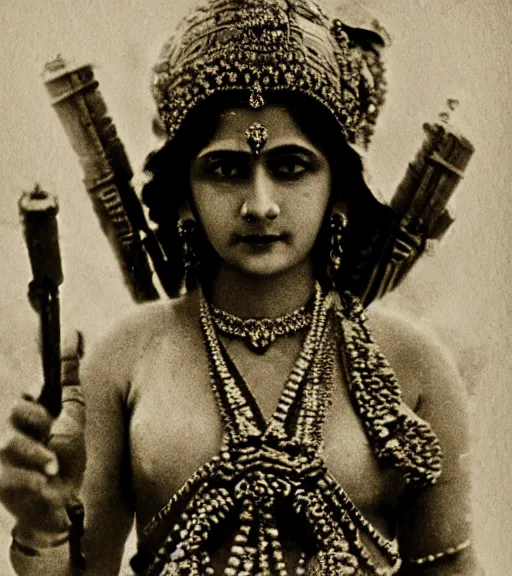 Image similar to hindu goddess, ww1 film photo, grainy, high detail, high resolution