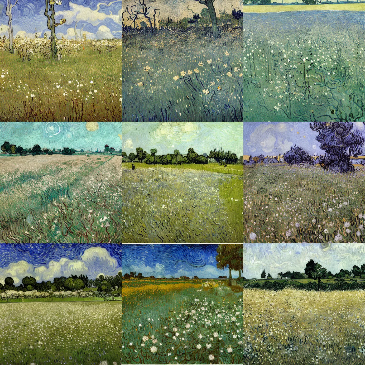 Prompt: white oleander clumped in fields with trees covered by rough bark, evening shadows drew dark faces as white willows shivered fiercely and gardens of flowers unpicked entwined thin arms to seek earth, magical realism, impressionist gouache painting by Van Gogh, WLOP, and Wes Anderson, featured on Artstation, Pinterest, concept art