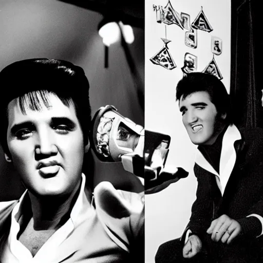 Image similar to elvis presley with the face of nicolas cage playing the guitar, poker table next to him