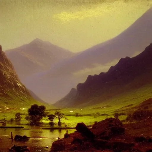Prompt: painting of the mountains of mourne in ireland by albert bierstadt