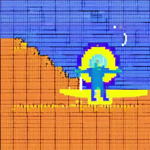 Image similar to a surfer. sun and sea. colorful. pixelart.