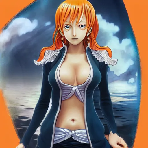 Image similar to intricately detailed vfx portrait of nami from one piece by eiichiro oda!, makoto shinkai, alphonse mucha, art by artgerm and greg rutkowski!, best of behance, concept art, matte, sharp focus, orange hair, adolphe bouguereau, annie leibovitz, stanley kubrick,