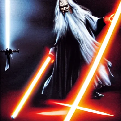 Image similar to gandalf fighting darth vader,