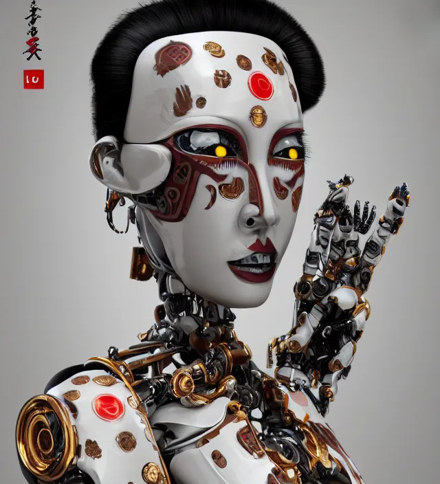 Image similar to full body portrait of a highly advanced digital robot with a porcelain japanese geisha face mask with kanji tattoos and decals, japanese model, octane render, intricate details, ultra realistic, dramatic lighting