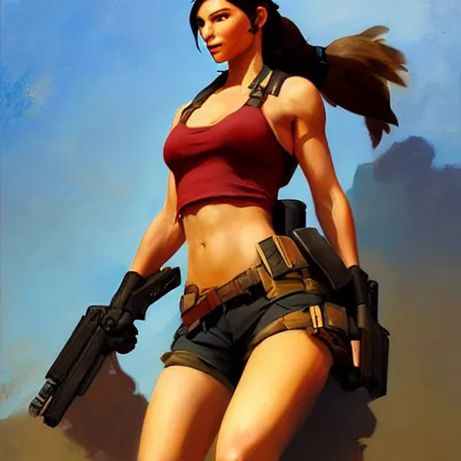 Image similar to Greg Manchess portrait painting of Lara Croft as Overwatch character, medium shot, asymmetrical, profile picture, Organic Painting, sunny day, Matte Painting, bold shapes, hard edges, street art, trending on artstation, by Huang Guangjian and Gil Elvgren and Sachin Teng