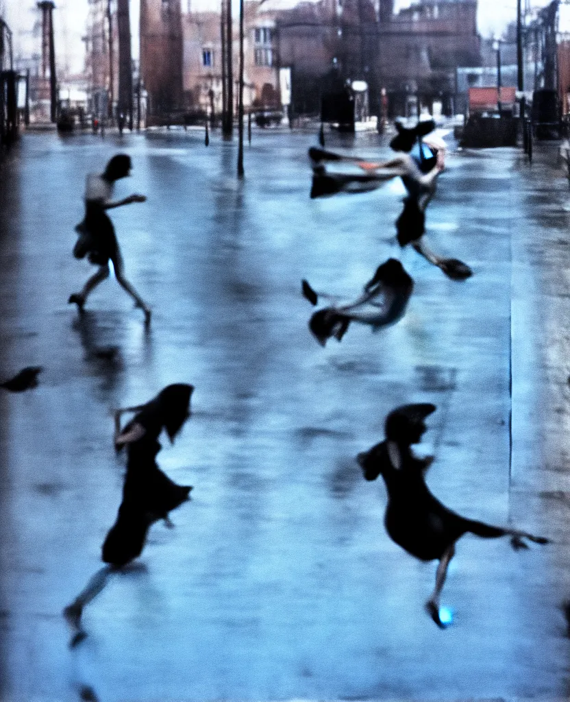 Image similar to A woman wearing a dress, long legs, leaping over a large puddle in the street, the decisive moment, photographed by Henri Cartier-Bresson on a Leica camera