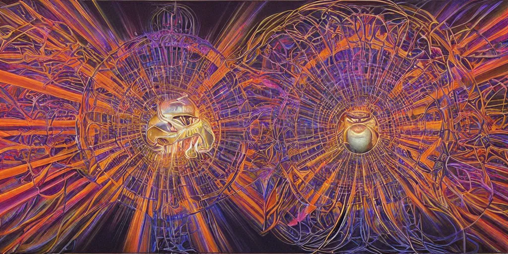 Image similar to could there be a realization of such magnitude that it quite literally blows one's mind?, center shock depicts such a moment of post - contemplative epiphany, volumetric lighting and shadows, concept art, biomechanical, realistic oil painting by alex grey