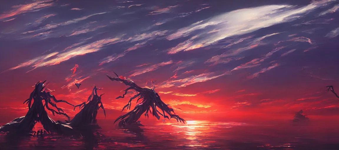 Prompt: A beautiful painting of the end of Evangelion, sunset, dark, horror, fantasy landscape, by Li Shuxing, Trending on artstation.