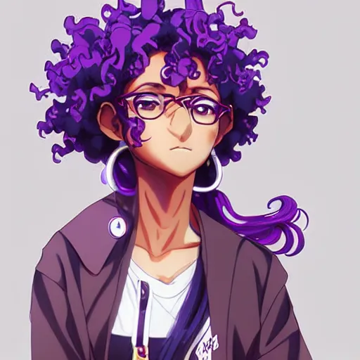Prompt: character design of anthy himemiya as a college student, curly purple hair, indian girl with brown skin, tokyo fashion, detailed anime character art, girly, concept art, portrait, japanese streetwear, dramatic pose, shoujo manga character design, character art, urban, vibrant, highly detailed, Akihiko Yoshida