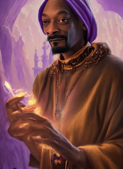 Image similar to snoop dogg as a mage, short beard, grumpy, intricate purple robes, Ivan Aivakovsky, Boris Vallejo, epic fantasy character art, D&D Concept Art, full length, ultra Realistic, Regal, Refined, Detailed Digital Art, Exquisite detail, post-processing, masterpiece, Cinematic Lighting, Unreal Engine, 8k, HD