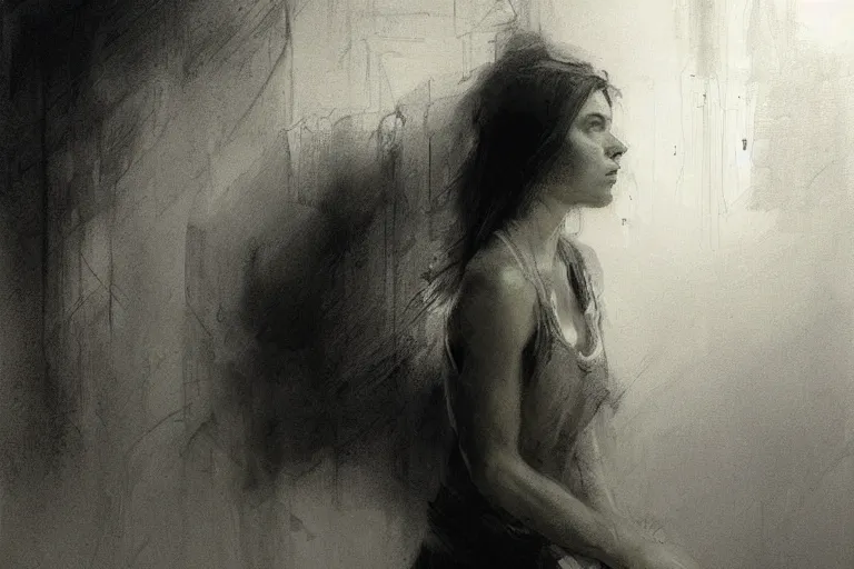 Image similar to a young lady by jeremy mann and greg rutkowski, graphite sketch on paper