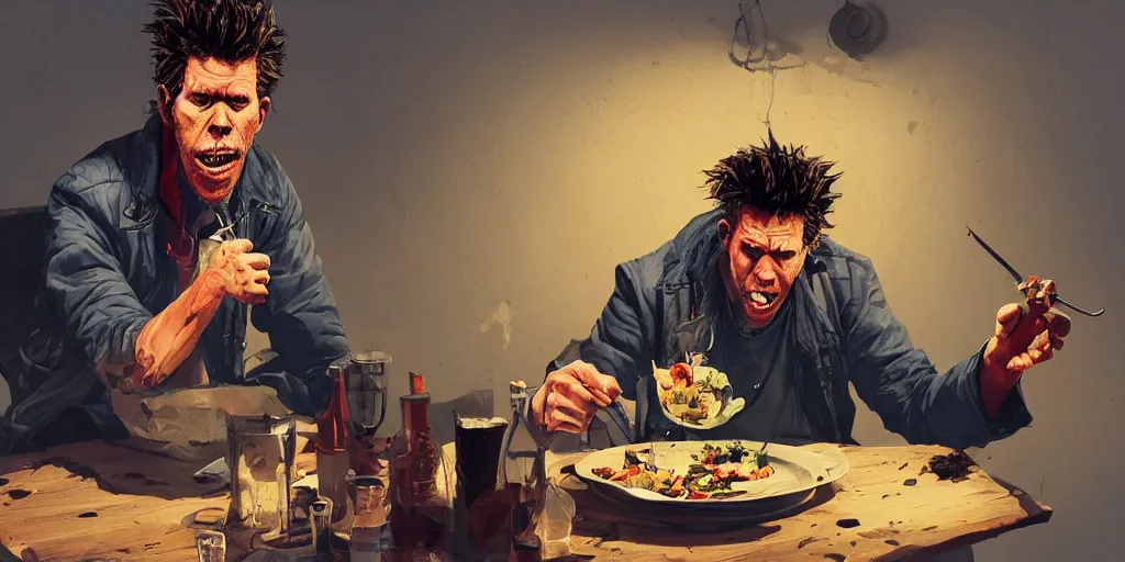 Image similar to cartoonish tom waits eating dinner, vivid colors, character sheet, fine details, concept design, contrast, kim jung gi, greg rutkowski, trending on artstation, 8 k, full body, turnaround, front view, back view, ultra wide angle