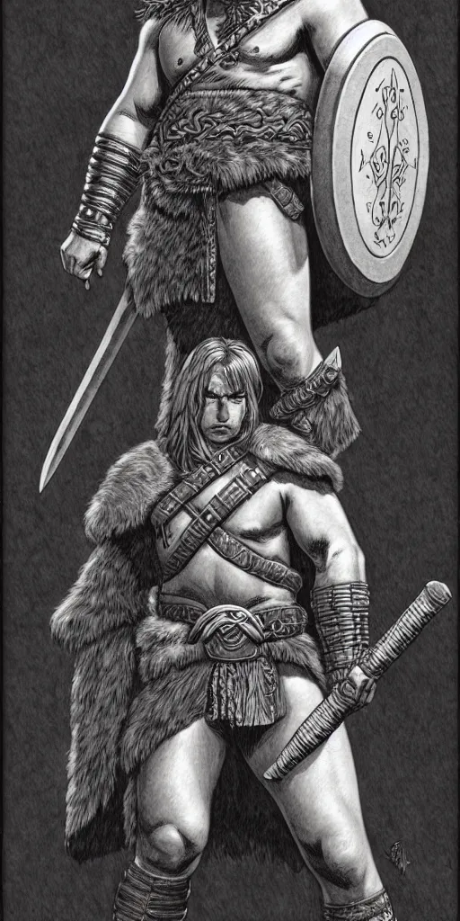 Image similar to a large young barbarian male warrior, d & d, fantasy, portrait, in travis charest style