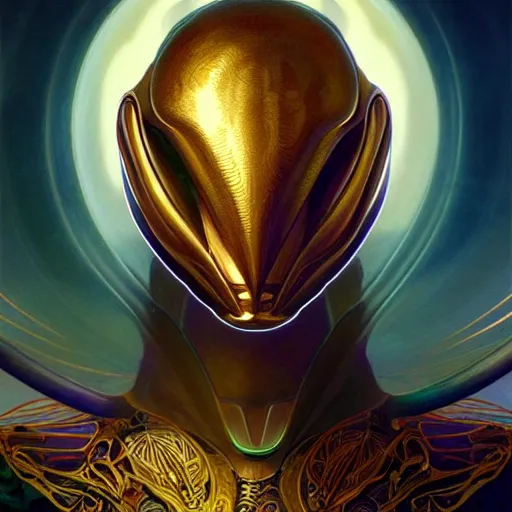 Image similar to hyper advanced alien evolved from dolphin, sci fi, glowing eyes, volumetric lights, gold theme, art nouveau botanicals, intricate, highly detailed, digital painting, artstation, concept art, smooth, sharp focus, cinematic, illustration, beautiful face, art by artgerm and greg rutkowski and alphonse mucha