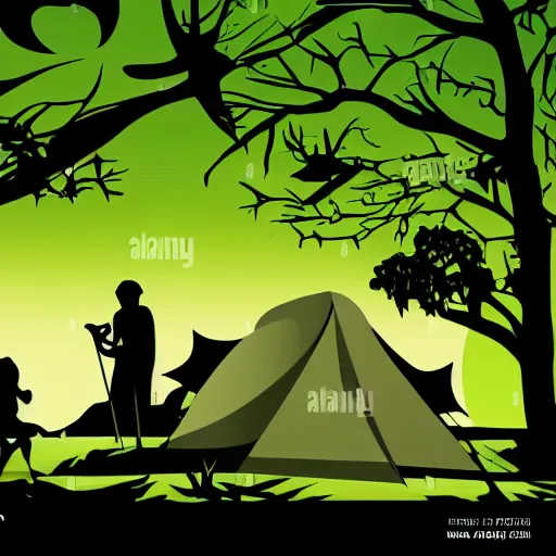 Image similar to vector of caravan night camping in the jungle, black silhouette, white background