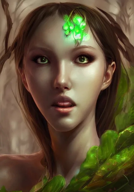 Prompt: A realistic anime portrait of a beautiful dryad with glowing green eyes and tree bark skin wearing clothes made of leaves, from Skyrim, digital painting, by Stanley Artgerm Lau, Sakimichan, WLOP and Rossdraws, digtial painting, trending on ArtStation, SFW version