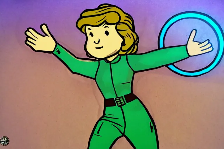 Image similar to pokimane as a vault boy from fallout, pipboy art, highly detailed, green hologram