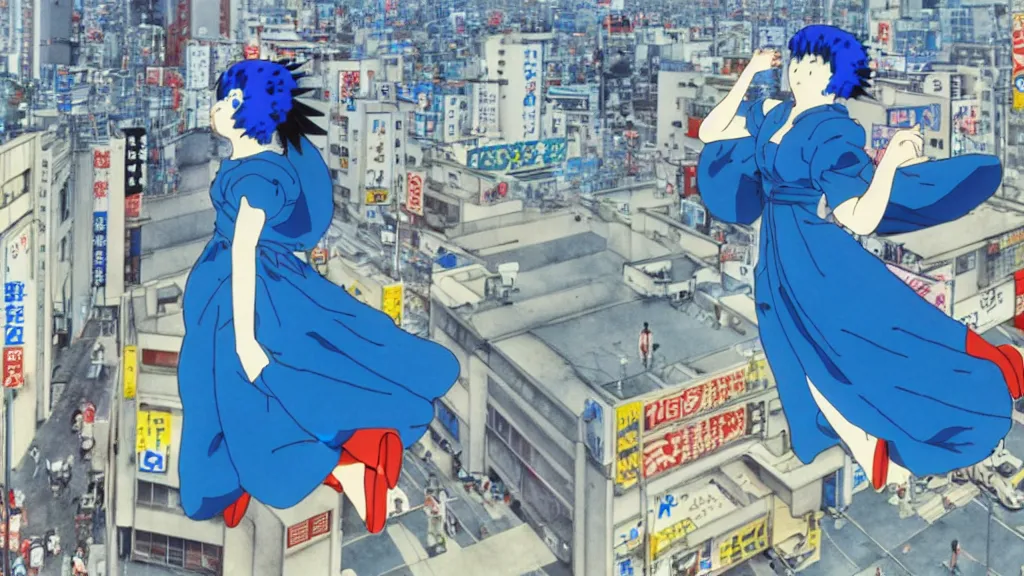 Prompt: a woman wearing a blue dress and wearing a blue bird mask falling from a building in Tokyo, anime film still from the an anime directed by Katsuhiro Otomo with art direction by Salvador Dalí, wide lens