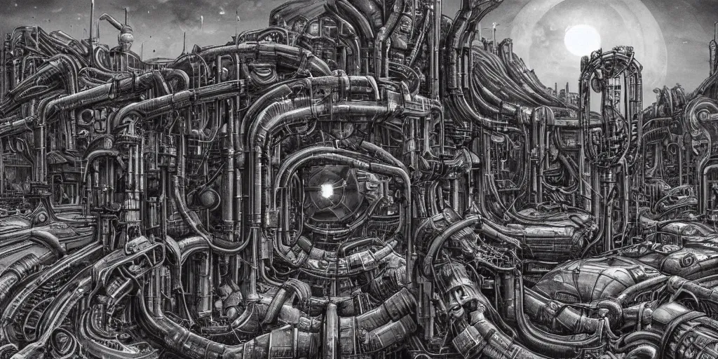 Image similar to a neverending non - euclidean factory in a bleak martian landscape, dieselpunk by hr giger