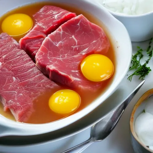 Prompt: Raw beef mixed with raw pork in a soup with raw eggs