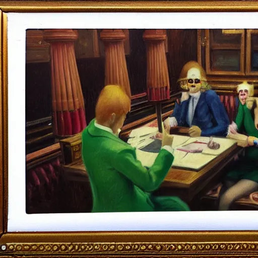 Prompt: a polaroid of a highly detailed beautiful portrait close up hyper realistic photograph of british members of parliament in the house of commons wearing pastel coloured clown costumes, they are smoking cannabis. without visible brushstrokes but in the style of edward hopper, richard hamilton. concept art. green leather benches. photographic. concept. crisp. no artefacts. desaturated. high fidelity facial portrait. 8 k