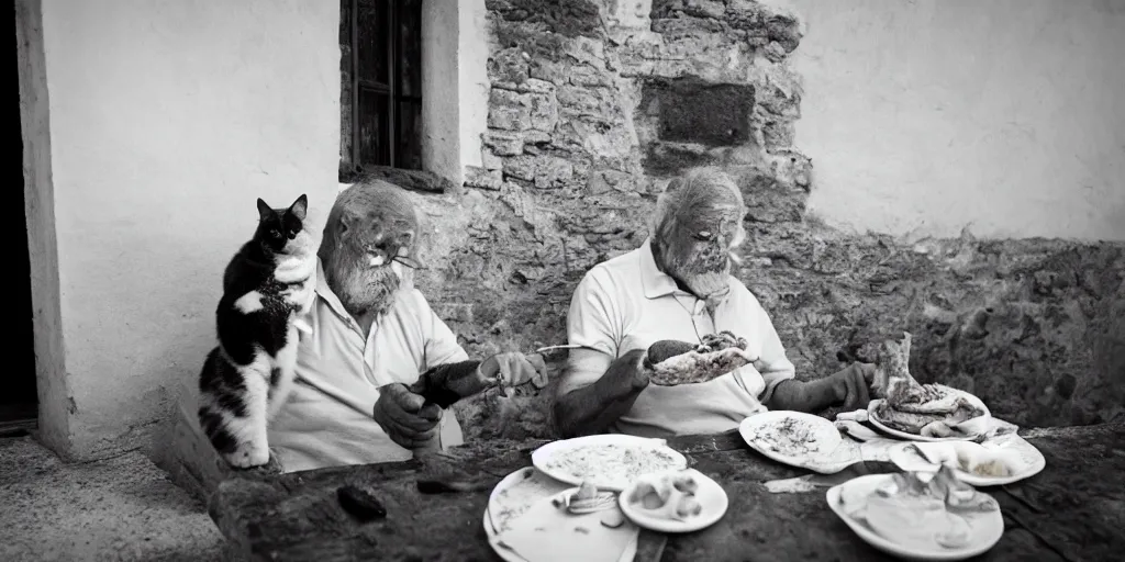 Image similar to photography of a cat sharing mortadella with his loved owner at a trullo house, photoreal, 3 5 mm, award winning photography