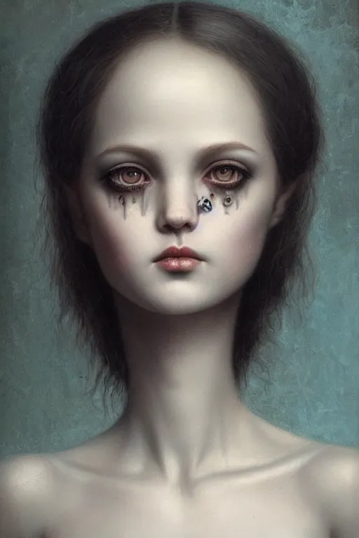 Image similar to a beautiful portrait of a single lonely dollpunk female posing, detailed, realistic eyes, symmetry body features proportions, award winning, by Tom Bagshaw