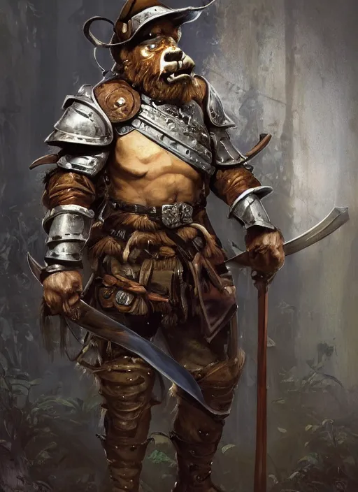 Image similar to strong young man, photorealistic bugbear ranger holding sword, fire magic, black beard, dungeons and dragons, pathfinder, roleplaying game art, hunters gear, jeweled ornate leather and steel armour, concept art, character design on white background, by sargent, norman rockwell, makoto shinkai, kim jung giu, artstation trending, poster art, colours red and green