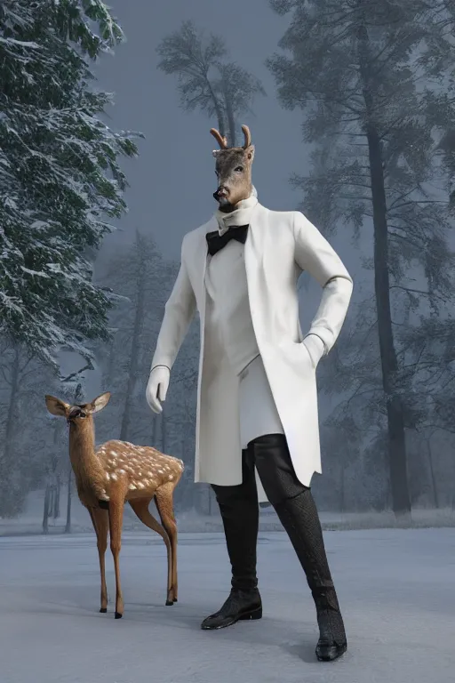 Image similar to an anthro deer wearing a white formal coat, talking to a crow, hyperrealistic, concept art, octane render, unreal engine 5, trending on DeviantArt, highly detailed, high quality, 8K, soft lighting, cute, natural lighting, realistic face, trending on Artstation, elegant clothes, profile picture, path traced, house background