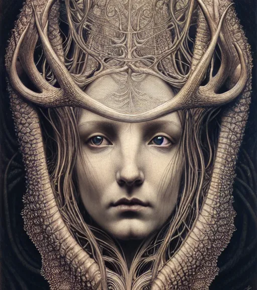 Prompt: detailed realistic beautiful antler goddess face portrait by jean delville, gustave dore, iris van herpen and marco mazzoni, art forms of nature by ernst haeckel, art nouveau, symbolist, visionary, gothic, neo - gothic, pre - raphaelite, fractal lace, intricate alien botanicals, biodiversity, surreality, hyperdetailed ultrasharp octane render