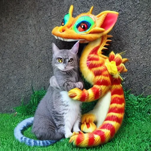 Prompt: a cute eastern dragon with big eyes and friendly + a cute cat