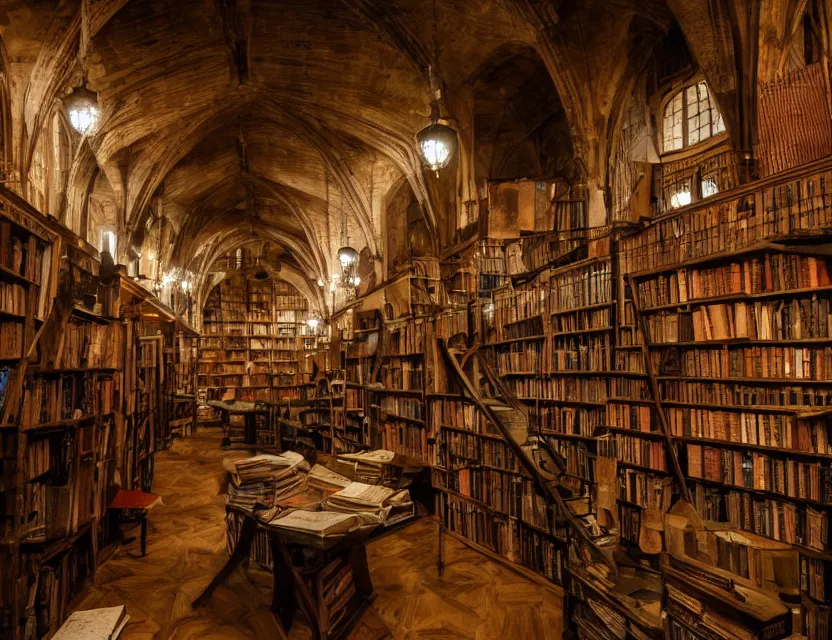 Prompt: inside a cluttered medieval library at night, dimly lit by candlelight, dark fantasy, dreaming illusion