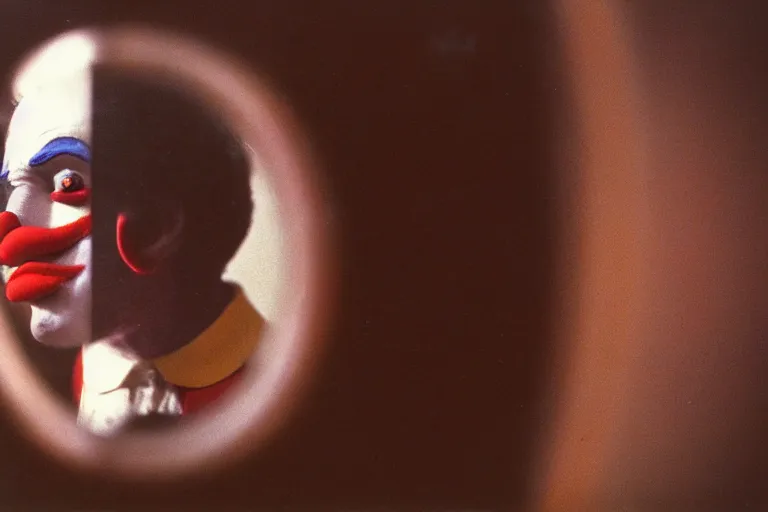 Image similar to close-up color film photography 1970s, sad clown look at himself in public bathroom mirror, soft light, 35mm, film photo, Joel Meyerowitz