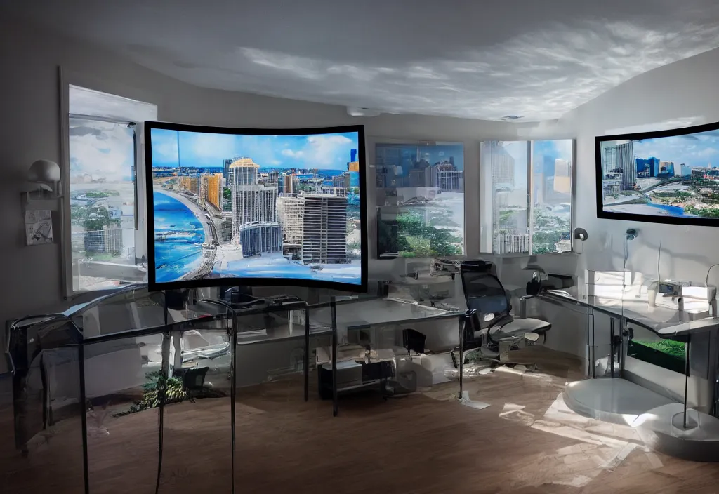 Image similar to curved transparent tv showing florida weathermap, volumetric lighting, bedroom, visor, users, pair of keycards on table, bokeh, creterion collection, shot on 7 0 mm, instax