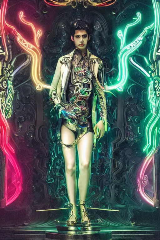 Prompt: full-body bladerunner neon baroque style sculpture of a young handsome Spanish prince as a half cibernetic android with a chest opening exposing circuitry and electric sparks, glowing laser beam eyes, crown of giant diamonds, flowing neon-colored silk, fabric, raptors. baroque elements. full-length view. baroque element. intricate artwork by caravaggio. many many birds birds on background. Trending on artstation, octane render, cinematic lighting from the right, hyper realism, octane render, 8k, depth of field, 3D