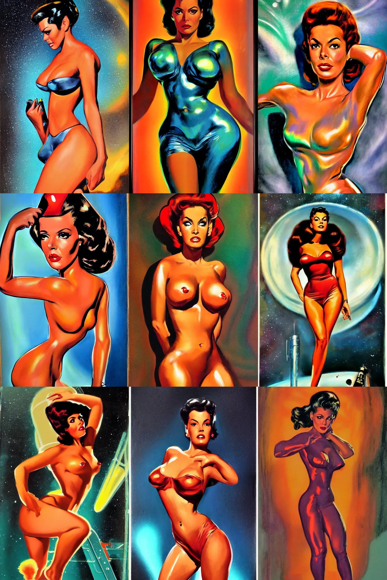 Prompt: scifi portrait of a gorgeous vixen Latina , glistening in oil, posing. McGinnis, pulp comic style, circa 1958, photorealism, space. Pastels.