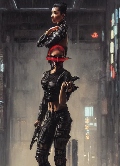 Image similar to katana. cyberpunk mercenary in a cyberpunk jumpsuit ( blade runner 2 0 4 9, cyberpunk 2 0 7 7 ). orientalist portrait by john william waterhouse and james gurney and theodore ralli and nasreddine dinet, oil on canvas. cinematic, hyper realism, realistic proportions, dramatic lighting, high detail 4 k