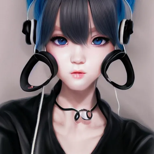 Image similar to realistic teasing detailed semirealism beautiful gorgeous cute Blackpink Lalisa Manoban white hair white cat ears blue eyes, wearing black camisole outfit, headphones, black leather choker full HD 4K high resolution quality WLOP, Aztodio, Taejune Kim, Guweiz, Pixiv, Instagram, Artstation