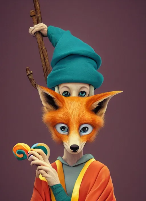 Image similar to an anthropomorphic beautiful female wizard portrait made of fox holding a staff wearing colourful robe, fine art, award winning, intricate, elegant, sharp focus, octane render, hyperrealistic, cinematic lighting, highly detailed, digital painting, 8 k concept art, art by jamie hewlett and z. w. gu, masterpiece, trending on artstation, 8 k