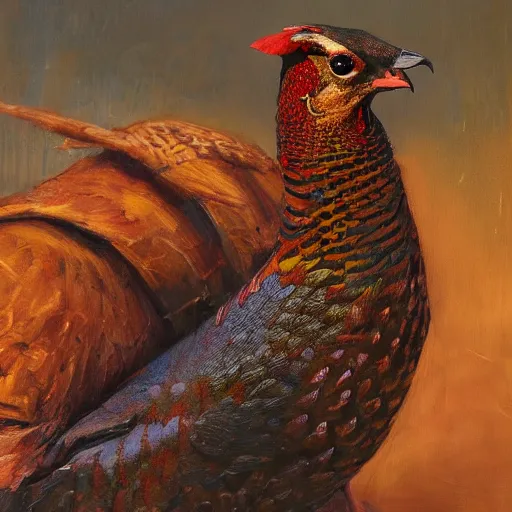 Prompt: a pheasant is girded with a belt, by lily seika jones , rivuletpaper art, top cinematic lighting, cinematic mood, very detailed, shot in canon, by Viktor Vasnetsov, oil painting, harsh fairy tale, soft style, hyperrealism, beautiful, high resolution, trending on artstation,