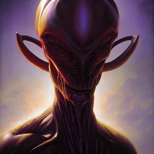 Prompt: a fantasy style portrait painting of an alien from barlowe's guide to extraterrestrials with a futuristic background and dramatic lighting oil painting unreal 5 daz. rpg portrait, extremely detailed wayne barlowe michael whelan artgerm greg rutkowski greg hildebrandt tim hildebrandt