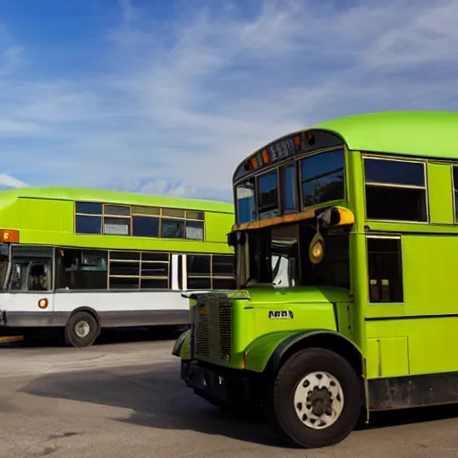 Image similar to a green school bus parked in a parking lot