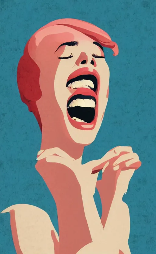 Prompt: illustration portrait of a woman with white pixie cut laughing out loud, art deco painting by tom whalen, funny meme photo, trending on behance, digital illustration, storybook illustration, grainy texture, flat shading, vector art, airbrush, pastel, watercolor, poster